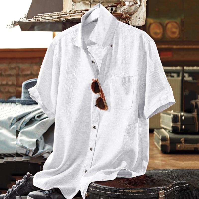 Mens Cotton and Linen Solid Color Lapel Short-sleeved Shirt 17520449X