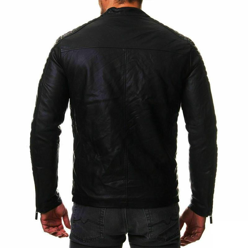Mens Stand Collar Zipper Leather Biker Jacket 53182630M