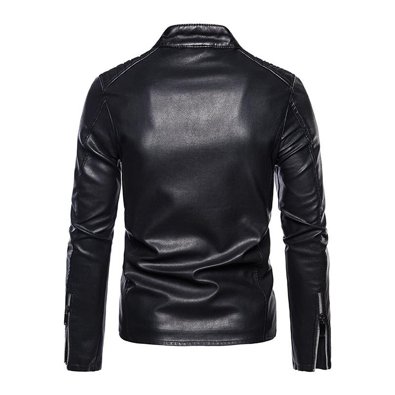 Mens Vintage Stand Collar Zipper Slim Fit Leather Biker Jacket 20472588M