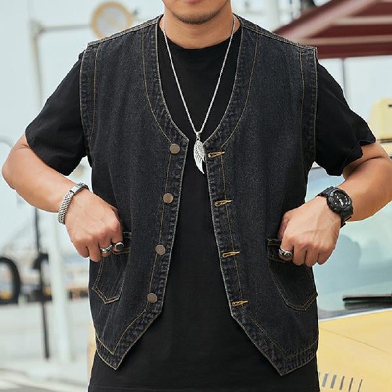 Mens Casual Loose Single Breasted Denim Vest 69915126M