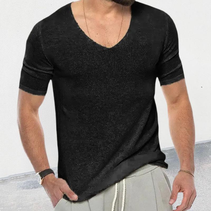 Mens Casual Solid Color V -Neck Short -Sleeved Knit Sweater 05621460Y