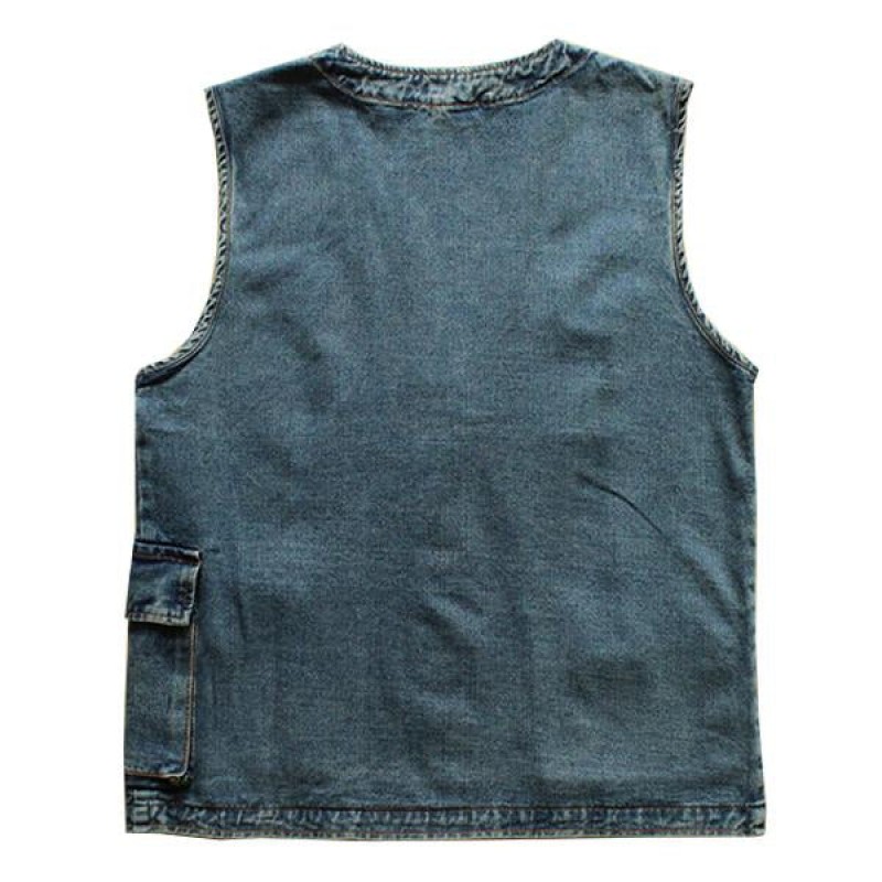 Mens Vintage Washed Patch Pocket Loose Denim Vest 97616243M
