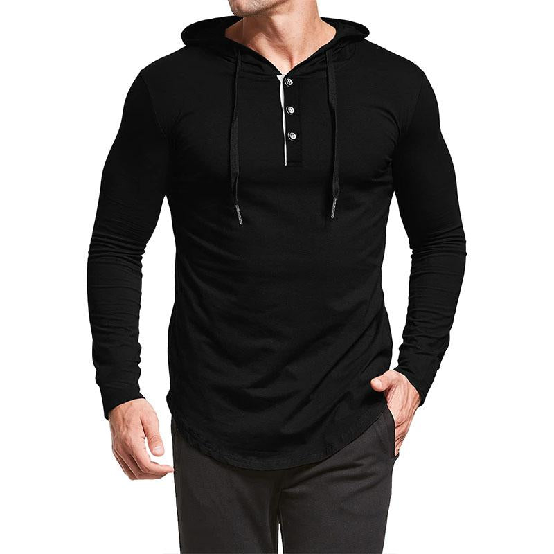 Mens Casual Round Neck Button Loose Long Sleeve Hooded T-Shirt 14365821M