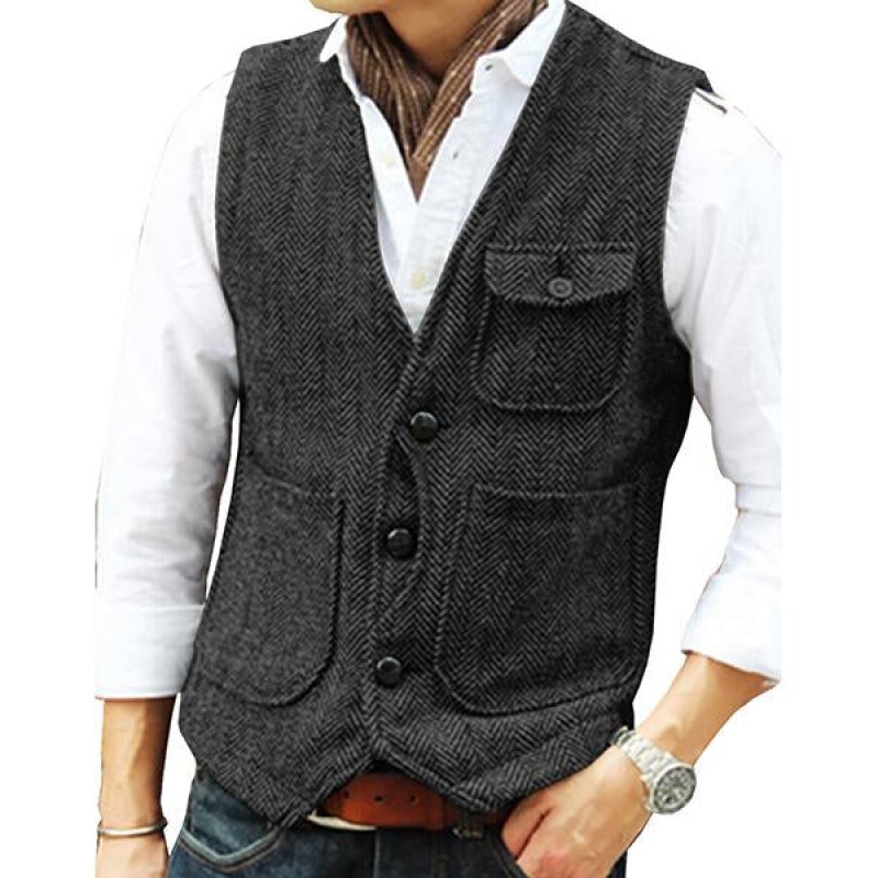Mens V-neck Single-breasted Tweed Vest 39854419M