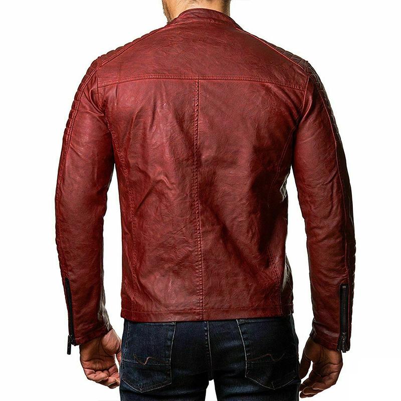 Mens Stand Collar Zipper Leather Biker Jacket 53182630M