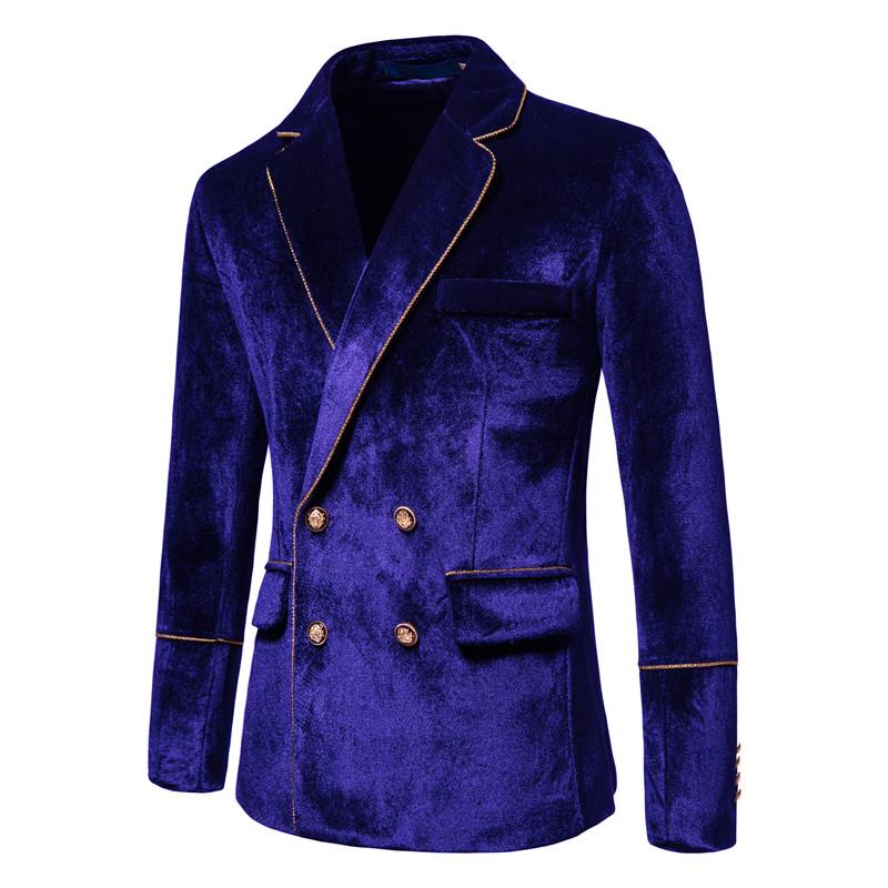Mens Vintage Contrast Trim Velvet Double Breasted Wedding Blazer Pants Suit 01449780M