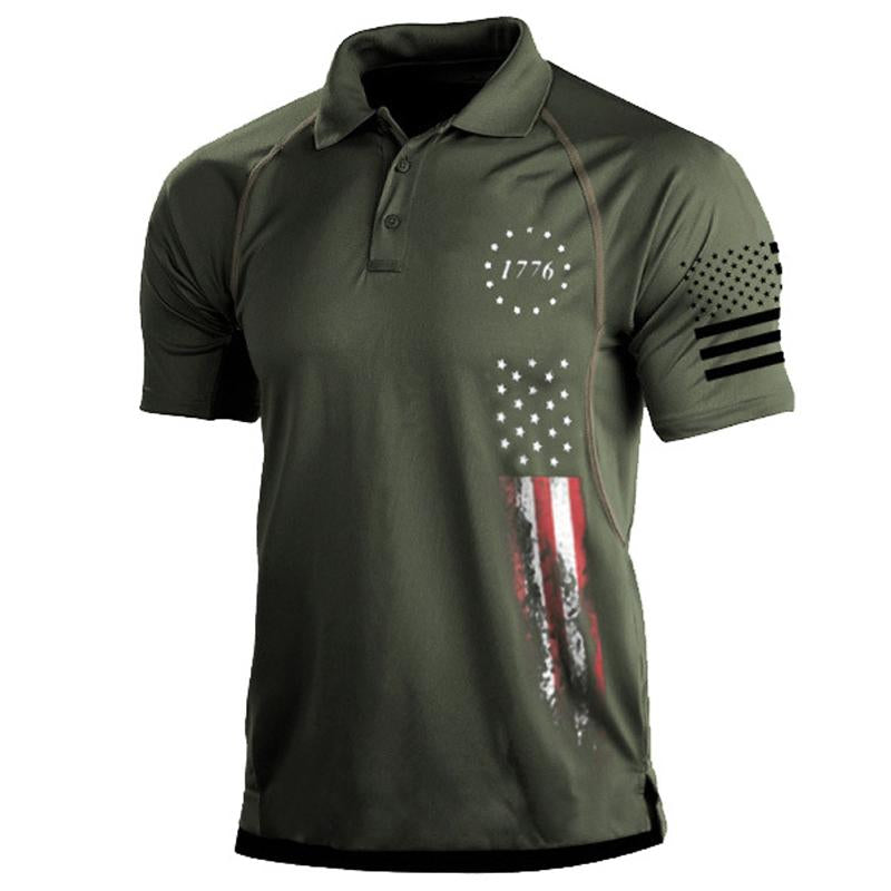 Mens Flag Print Lapel Short Sleeve Polo T-Shirt 95787594Y