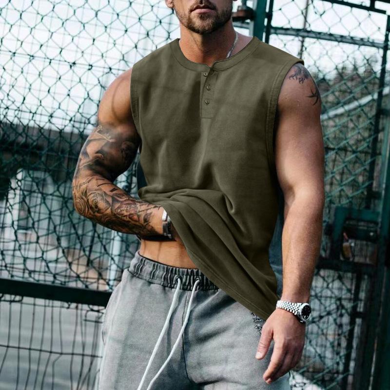 Mens Casual Summer Round Neck Button Down Tank Top 26609609M