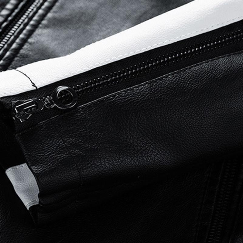 Mens Vintage Stand Collar Colorblock Stitching Zip-Up Leather Biker Jacket 01382637M