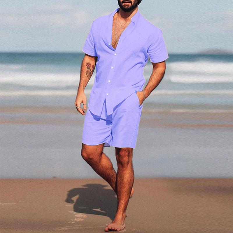 Mens Casual Vacation Solid Color Short Sleeve Shirt Shorts Beach Set 10589830M