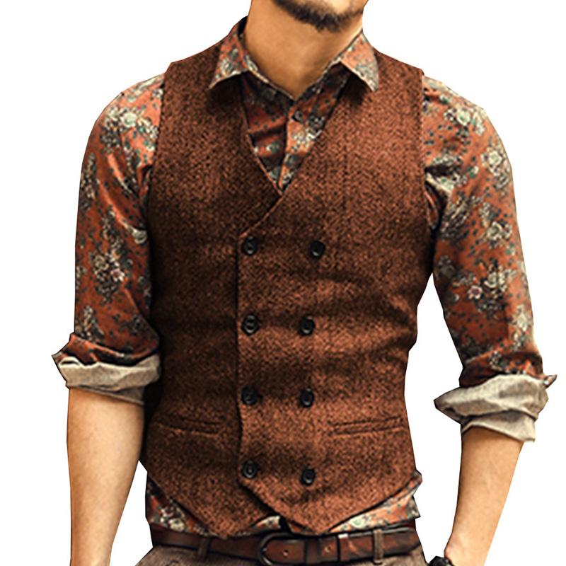 Mens Vintage Herringbone V-Neck Double Breasted Vest 84812263M