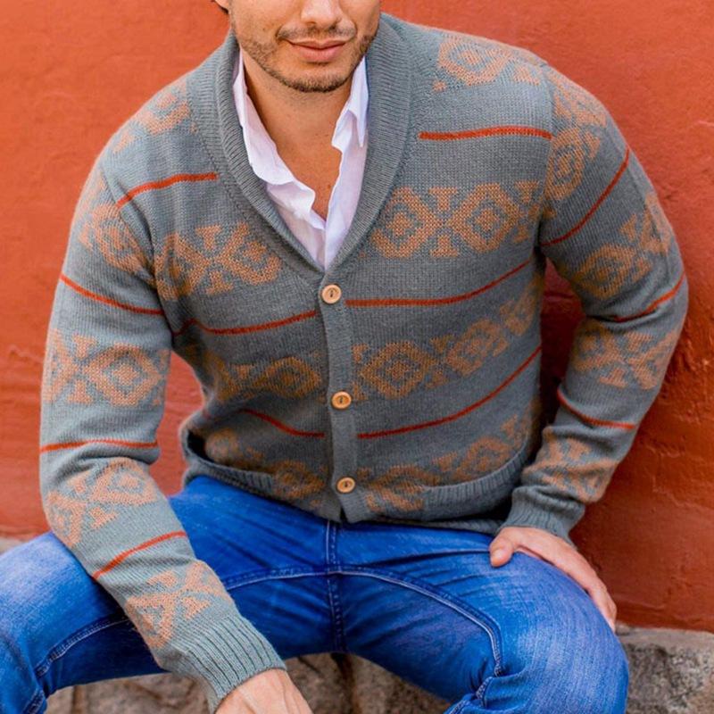 Mens Vintage Striped Jacquard Knit Cardigan 54557886M
