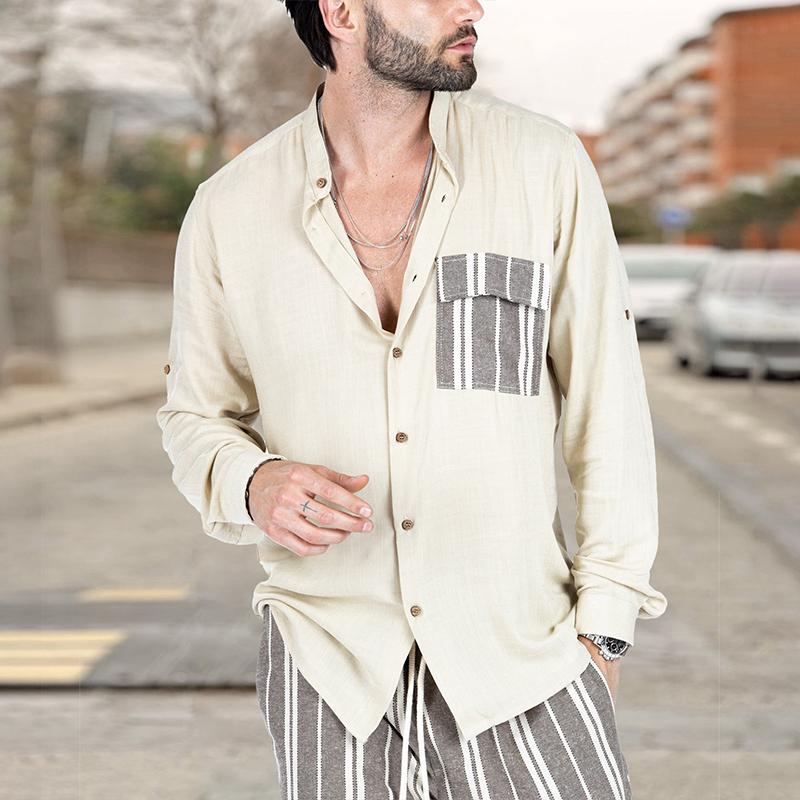 MenS Casual Summer Color Contrast Stitching Lapel Long-Sleeved Shirt 82610754M