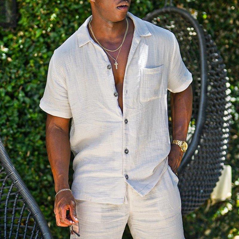 Mens cotton linen solid color shirt two-piece set 21931000X