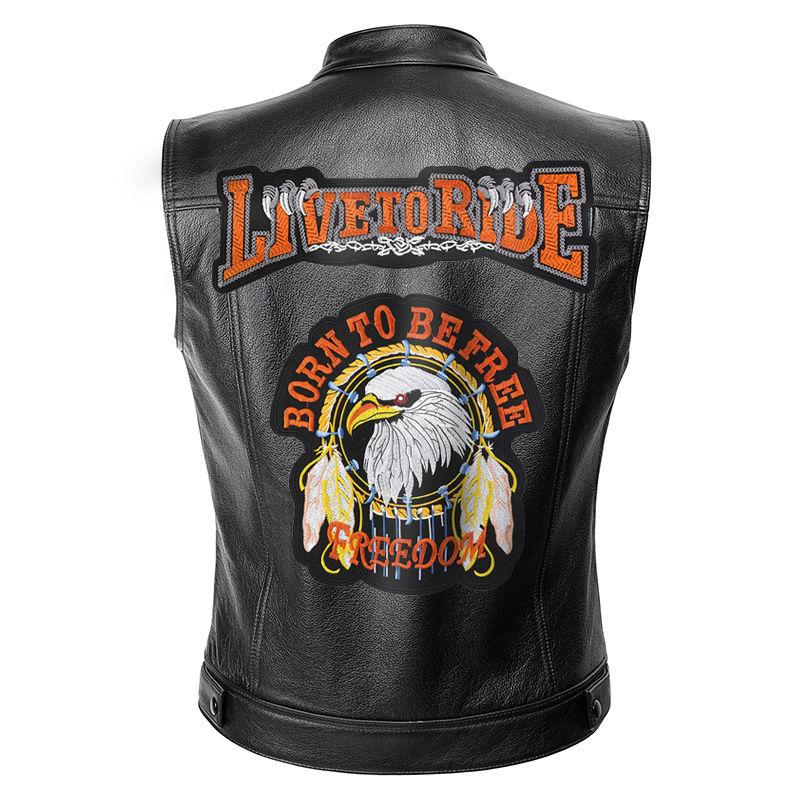 Mens Vintage Embroidered Cloth Patch Biker Leather Vest 96542092Y