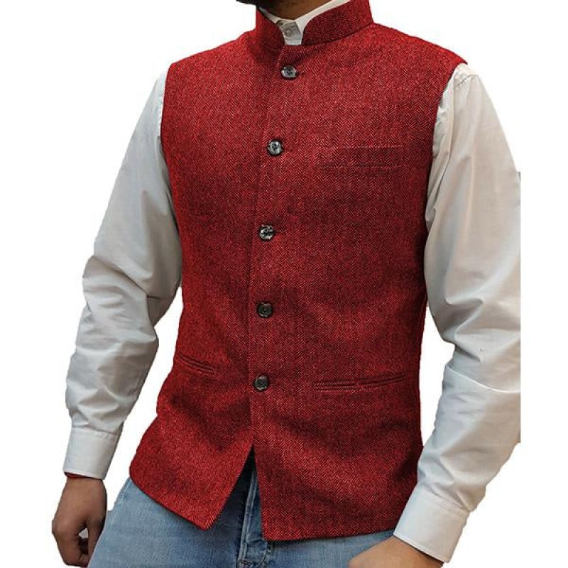 Mens Stand Collar Herringbone Single Breasted Vest 76418897M