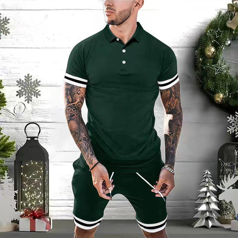 Mens Colorblock Striped Cuff Short Sleeve Polo Shirt Shorts Set 02905193Z
