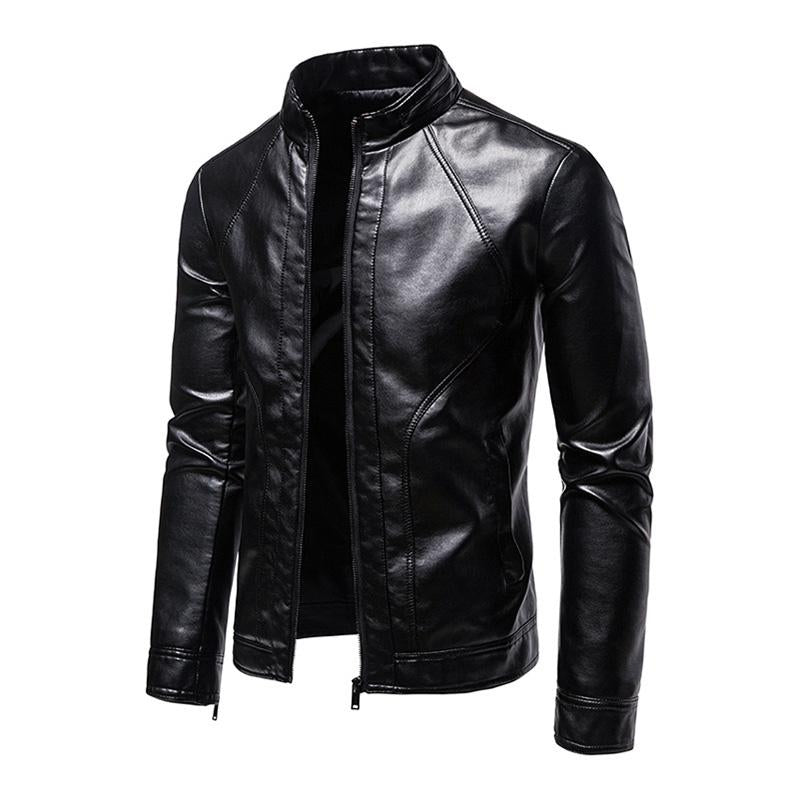 Mens Vintage Slim Stand Collar Panel Leather Biker Jacket 91771623M
