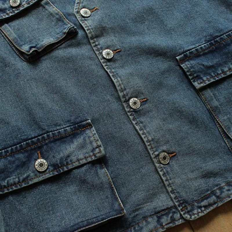 Mens Vintage Washed Patch Pocket Loose Denim Vest 97616243M