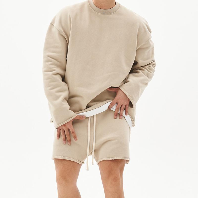 Mens Fashion Solid Color Loose Rolled Sweatshirt Shorts Set 80927036Z