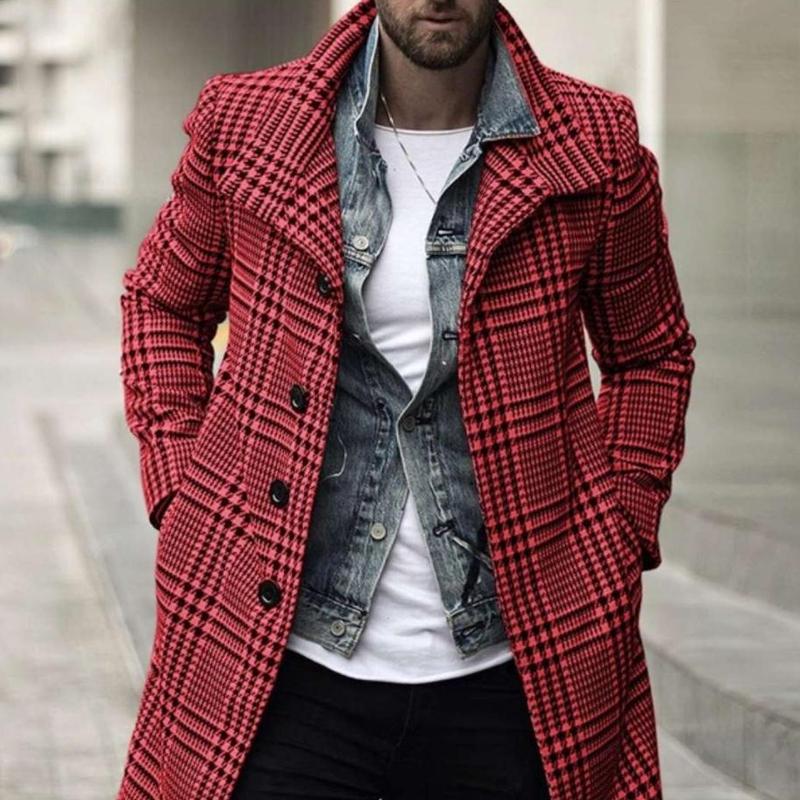 Mens Mid-Length Lapel Fashion Checked Coat 38372224Z