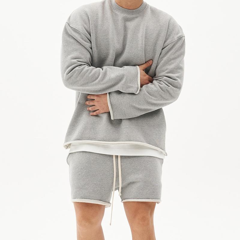 Mens Fashion Solid Color Loose Rolled Sweatshirt Shorts Set 80927036Z