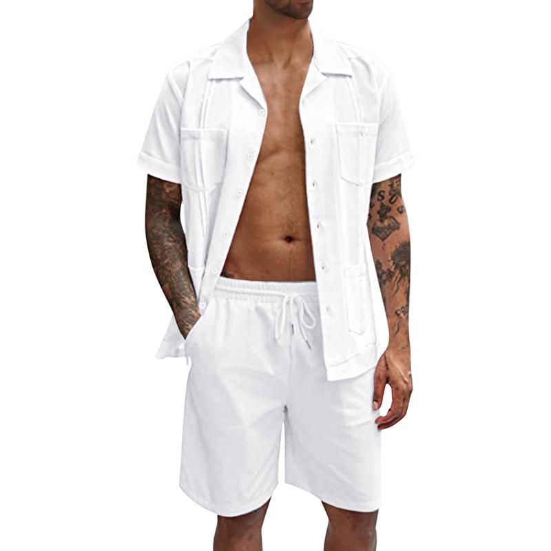 Mens Lapel Pocket Short Sleeve Shirt Shorts Set 29631441Z
