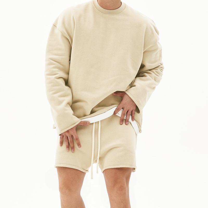 Mens Fashion Solid Color Loose Rolled Sweatshirt Shorts Set 80927036Z