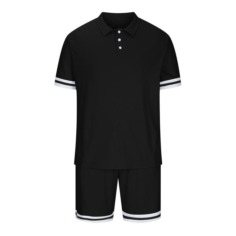 Mens Colorblock Striped Cuff Short Sleeve Polo Shirt Shorts Set 02905193Z
