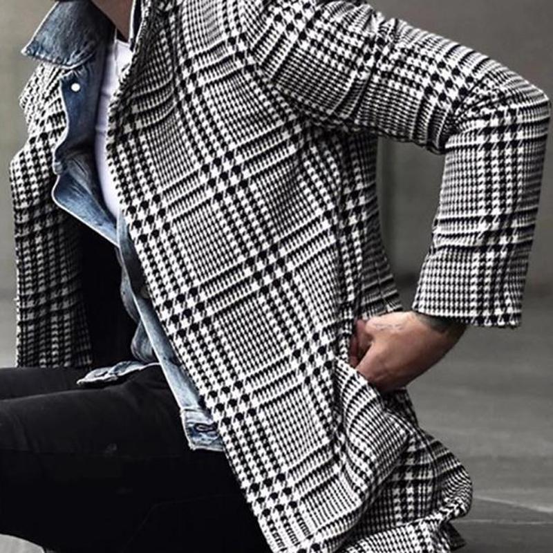 Mens Mid-Length Lapel Fashion Checked Coat 38372224Z