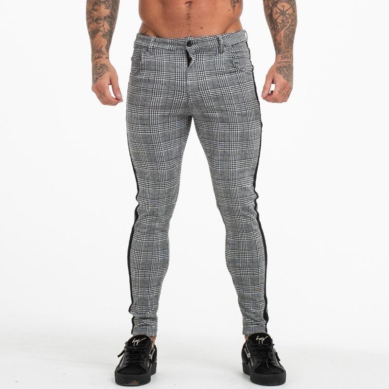 Mens Casual Plaid Stitching Pencil Trousers 86654549M