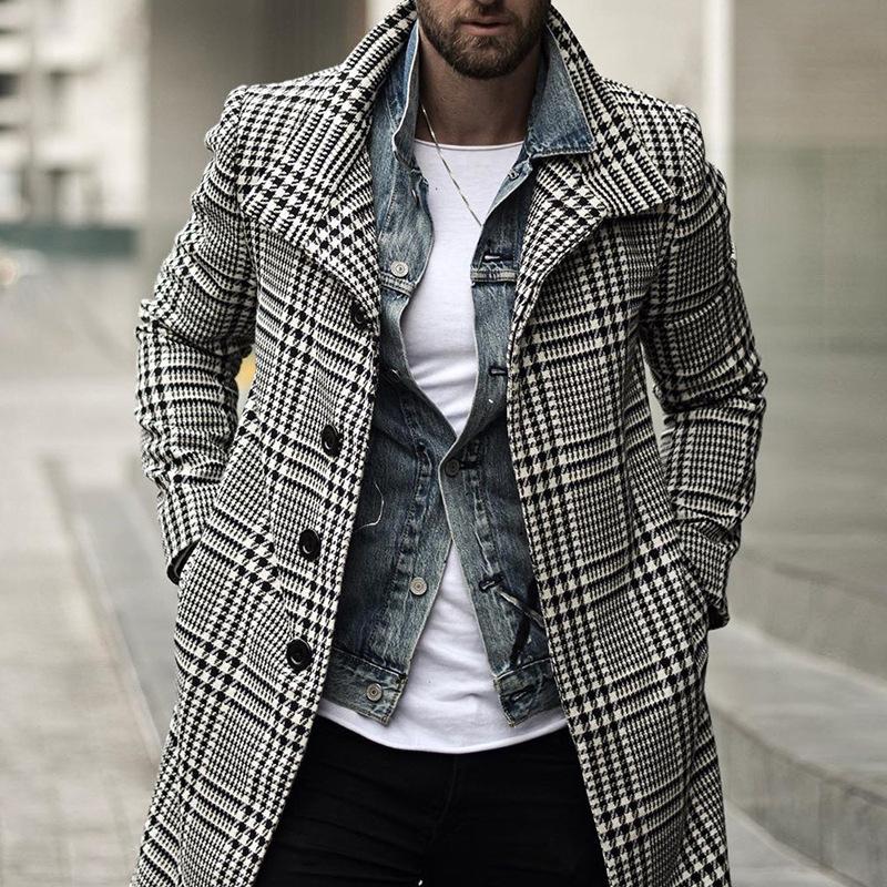 Mens Mid-Length Lapel Fashion Checked Coat 38372224Z
