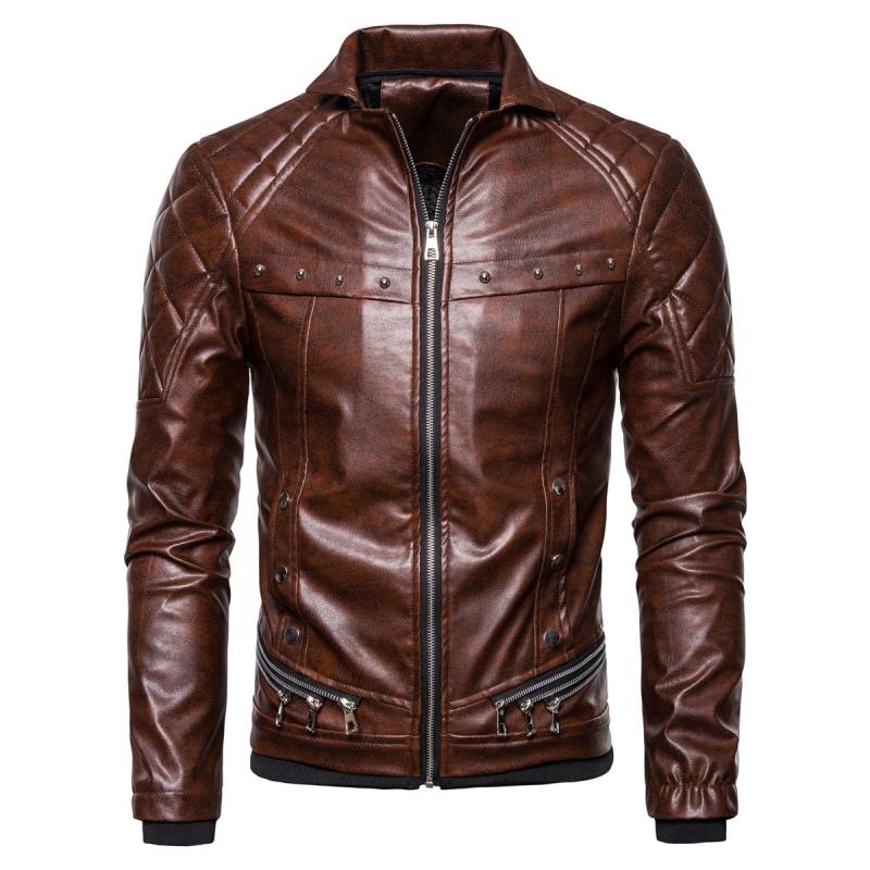Mens Vintage Fur Collar Zipper Panel Leather Jacket 84578852M