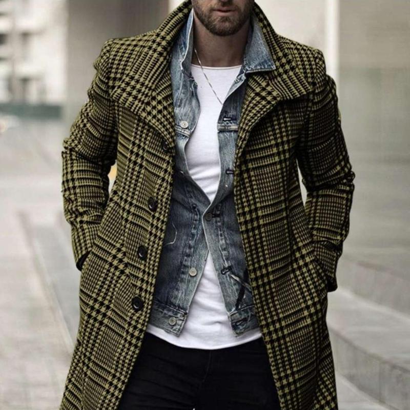 Mens Mid-Length Lapel Fashion Checked Coat 38372224Z