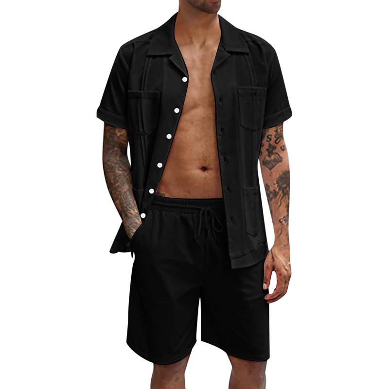Mens Lapel Pocket Short Sleeve Shirt Shorts Set 29631441Z