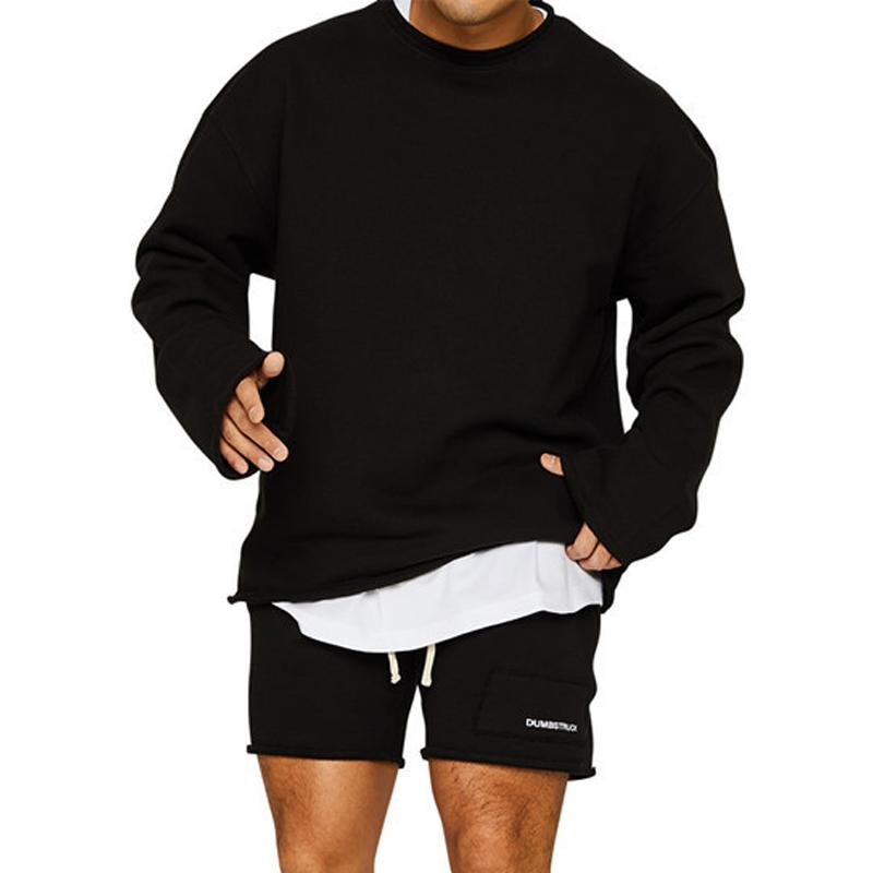 Mens Fashion Solid Color Loose Rolled Sweatshirt Shorts Set 47733694Z