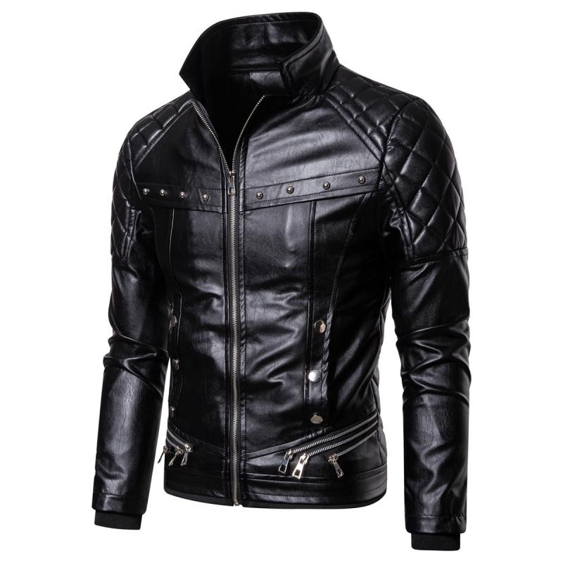 Mens Vintage Fur Collar Zipper Panel Leather Jacket 84578852M