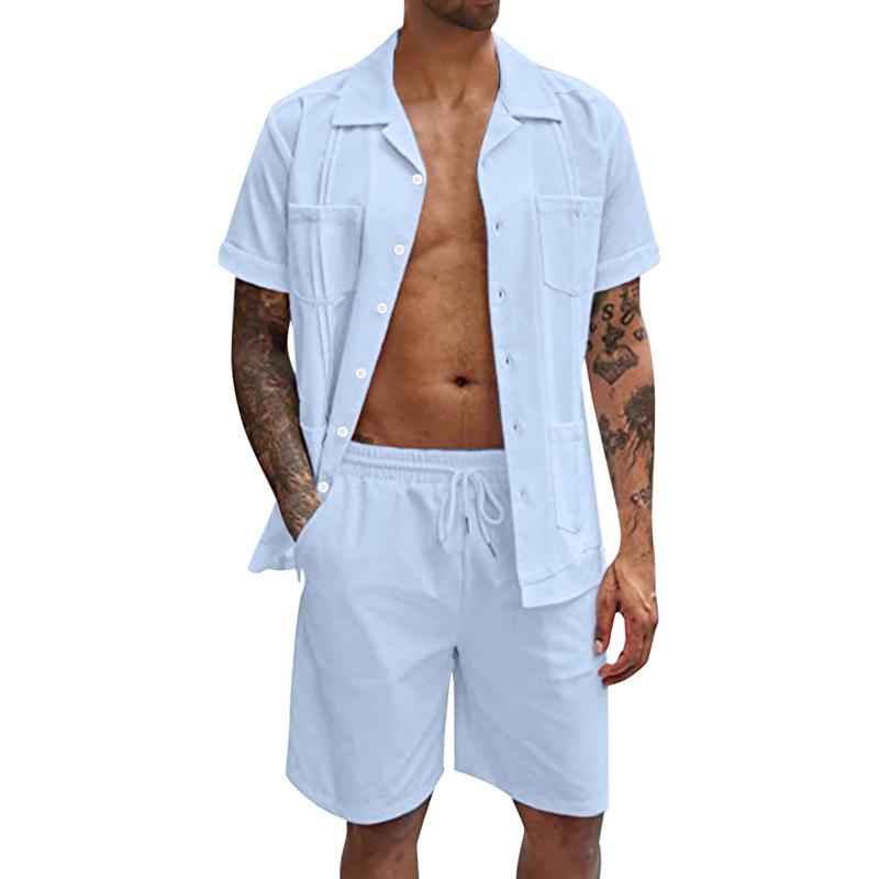 Mens Lapel Pocket Short Sleeve Shirt Shorts Set 29631441Z