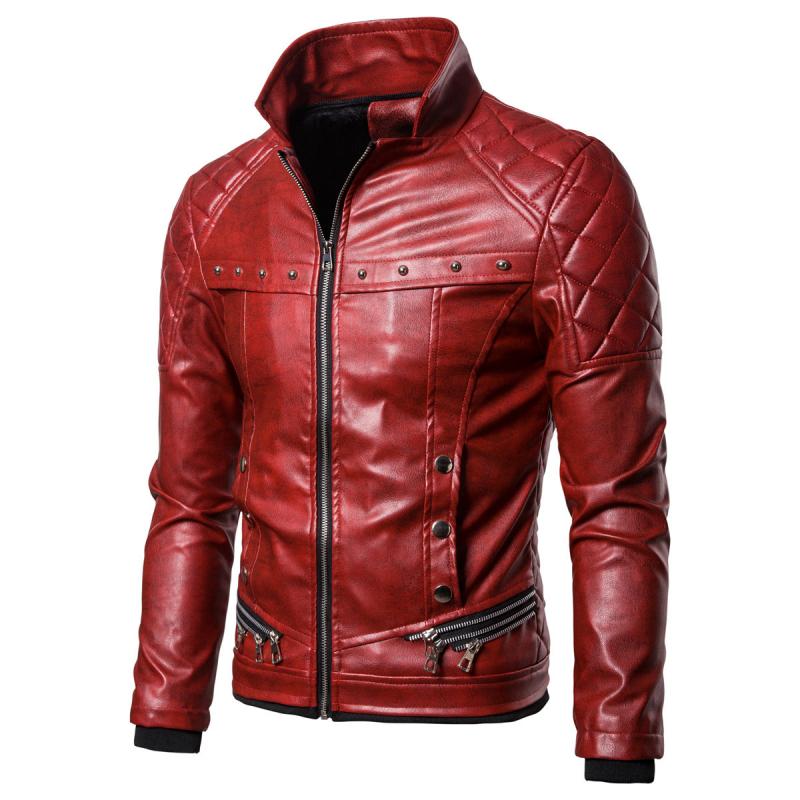Mens Vintage Fur Collar Zipper Panel Leather Jacket 84578852M