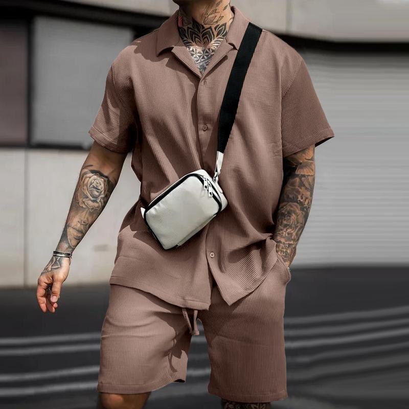 Mens Lapel Single Breasted Short Sleeve Shirt Shorts Set 04319018Z