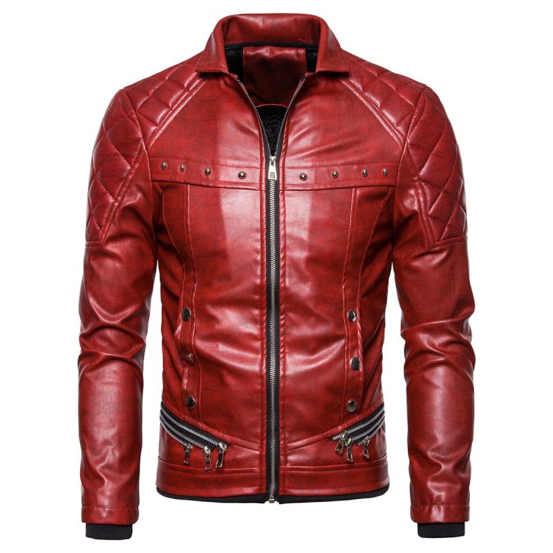 Mens Vintage Fur Collar Zipper Panel Leather Jacket 84578852M