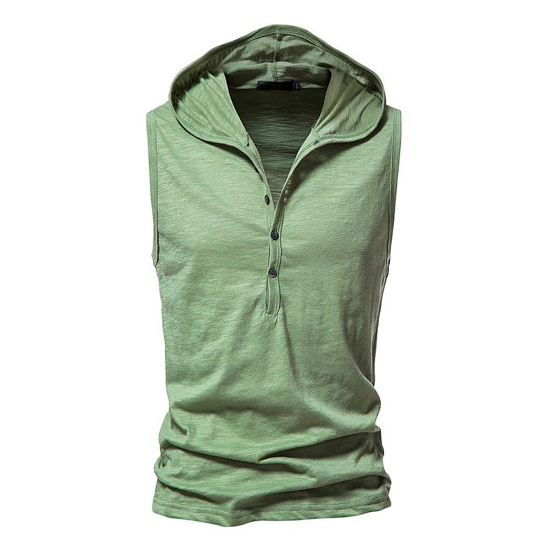 Mens Solid Hooded Henley Collar Sleeveless Cotton Tank Top 52780770Z