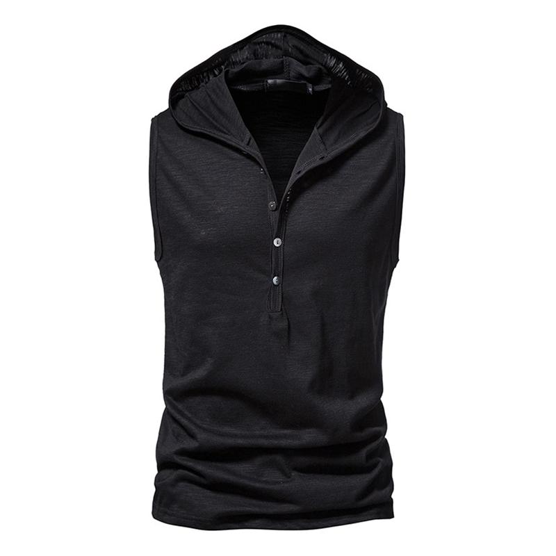 Mens Solid Hooded Henley Collar Sleeveless Cotton Tank Top 52780770Z