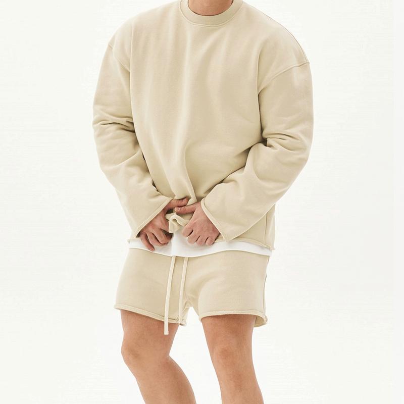 Mens Fashion Solid Color Loose Rolled Sweatshirt Shorts Set 80927036Z