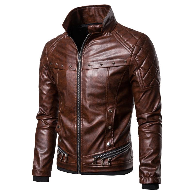 Mens Vintage Fur Collar Zipper Panel Leather Jacket 84578852M