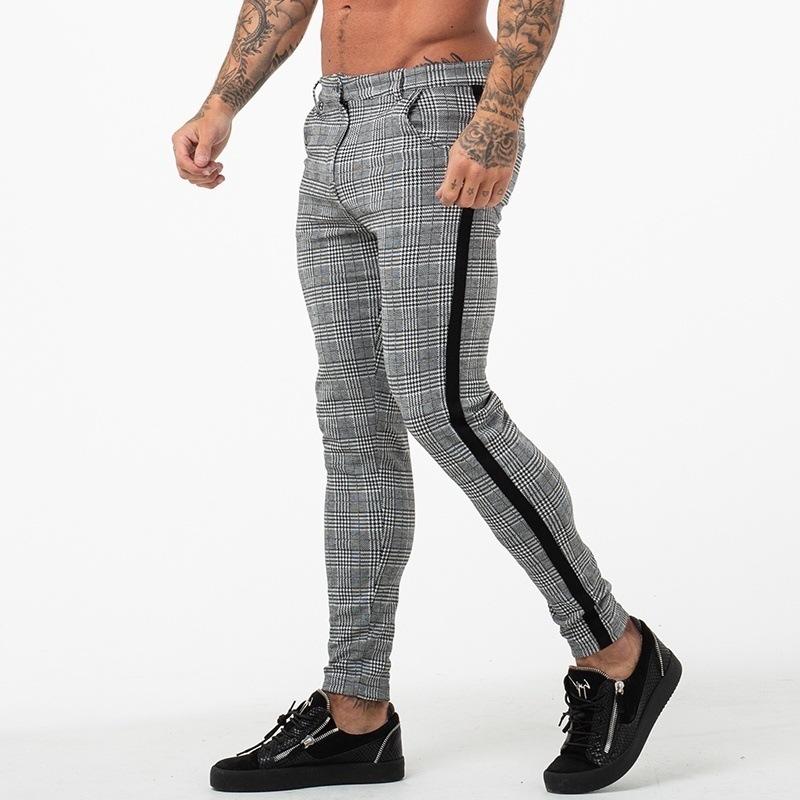 Mens Casual Plaid Stitching Pencil Trousers 86654549M