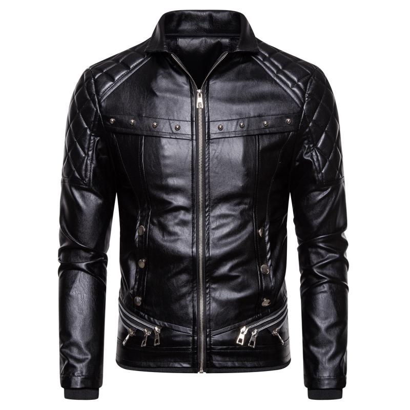Mens Vintage Fur Collar Zipper Panel Leather Jacket 84578852M