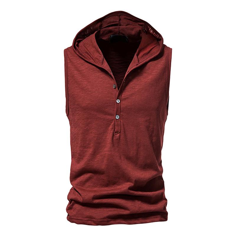 Mens Solid Hooded Henley Collar Sleeveless Cotton Tank Top 52780770Z