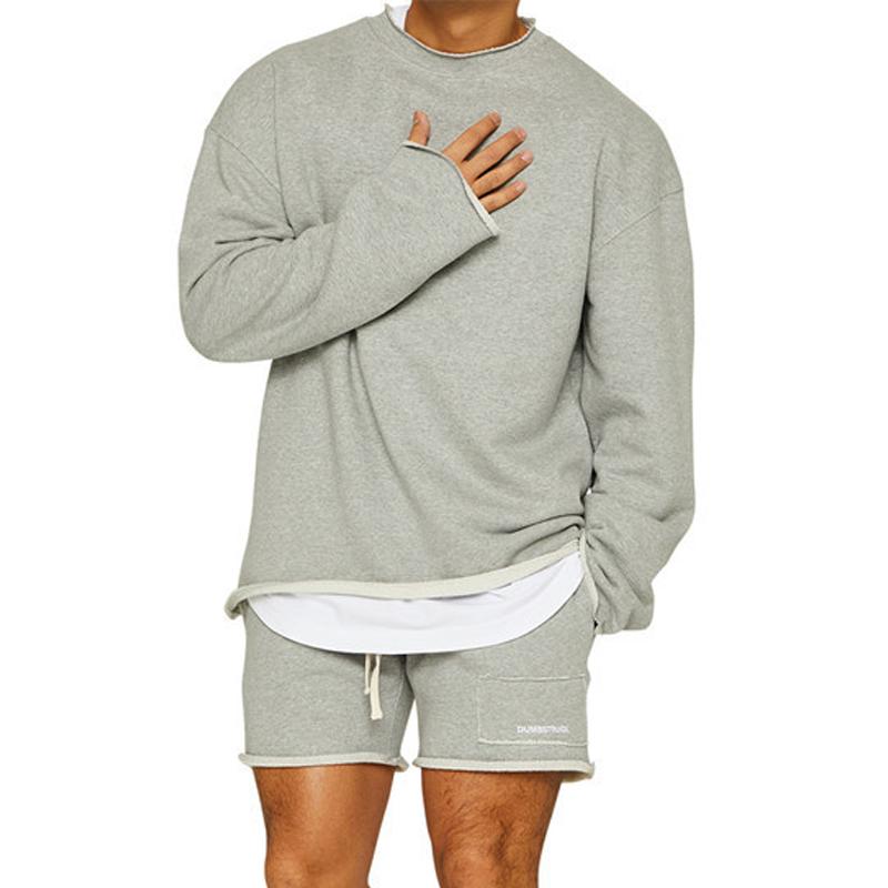 Mens Fashion Solid Color Loose Rolled Sweatshirt Shorts Set 47733694Z