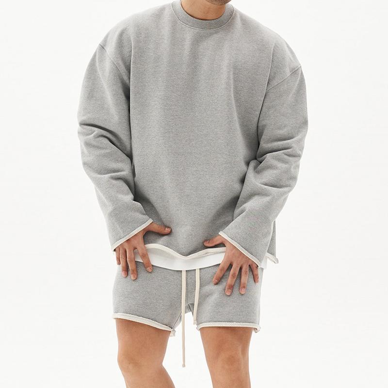 Mens Fashion Solid Color Loose Rolled Sweatshirt Shorts Set 80927036Z